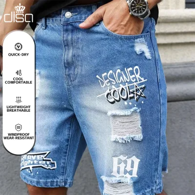 Custom Vintage Streetwear Denim Shorts for Men 6XL Size with Mid Waist Drawstring Closure Fashion Graphic Print Knee Shorts