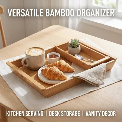Versatile Bamboo Serving Tray Rectangular Organizer with Handles for Kitchen Bread Breakfast Coffee Table Home Decor