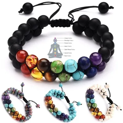 7 Chakra Beads Lava Rock Gemstone Bracelet 8mm Double Layer Row Adjustable Unisex Yoga Stone Energy Healing Stone Bracelets