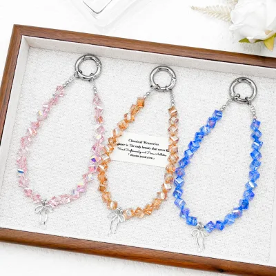 5 Colors Crystal Gemstone Beads Bowknot Pendant Anti-lost Lanyard Wristband Mobile Phone Strap Keychain Sports Cell Phone Case