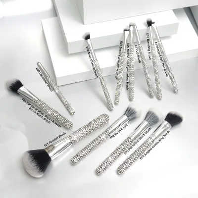 New Design Silver Diamond Handle Nylon Fiber Silver Aluminum Tube Logo Customization 12pc Cosmetic Brush Set