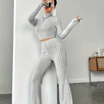 2024 Fashion Women's Casual Summer Short Top Stand Collar Button Decoration Woven Long Pants Solid Pattern 2-Piece Set
