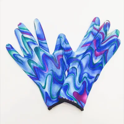 13G Needle Printed Polyester Nylon GlovesNitrile Plam Coated Printed Flower Gardening Safety Hand Protection Work Glove HPPE Gan