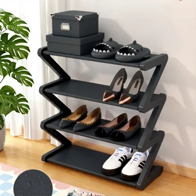 Household Use 2026 New Modern Z Shape Cloth Style Plastic 4-Tier Assembled Shoe Rack