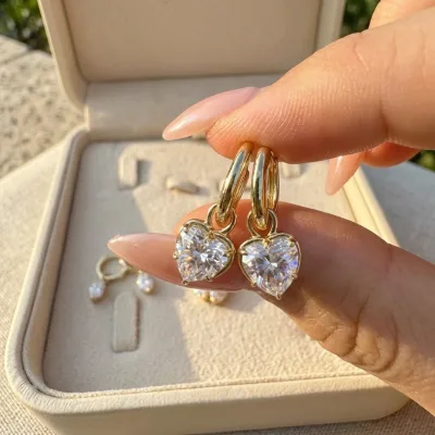 Romantic Cute Style 925 Sterling Silver Lovely Gift Jewelry Heart Cut 6.5mm Solitaire diamond 1ct Moissanite Drop Hoop Earrings