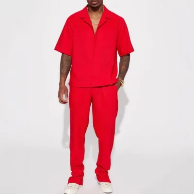 Fashion Solid Color Street Wear Trendy Loose Short Sleeve Lapel Shirt Pants Outfits Men Casual 2 Piece Sets