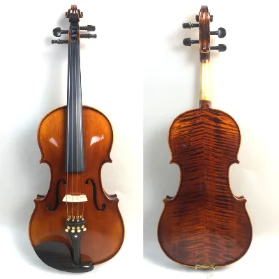 Handmade Student Violin with Genuine Spruce & Maple Tiger-Grain Carved Hibiscus Design Classic Coffee Color