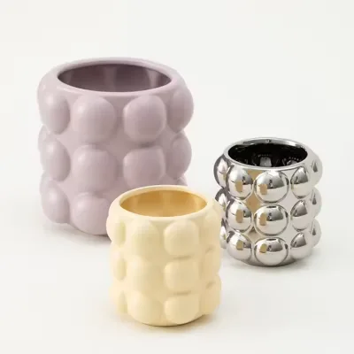 Wholesale Electroplated Silver Bubble Pattern Ceramic Flower Pots Modern Decorative Planters for Succulents Home Office