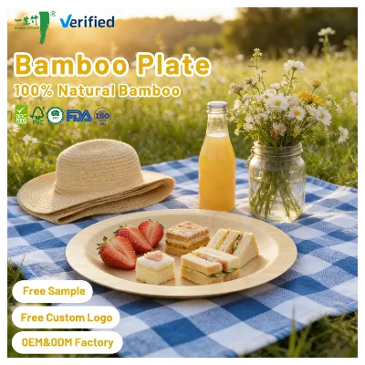 Custom Size Sustainable Biodegradable Plate Round Bamboo Disposable Plates Restaurant Takeaway