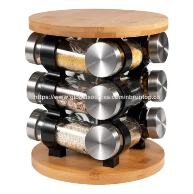 Factory Price bamboo spice rack with jars,Rotating Jar Herbs and Spice Rack,Wooden Bamboo Seasoning Rack for kitchen