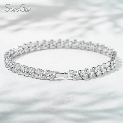 Starsgem 10K Solid White Gold Double Row Pear Cut Lab Grown Diamond 6.5in Tennis Bracelet Dainty Full Pave Fine Jewelry