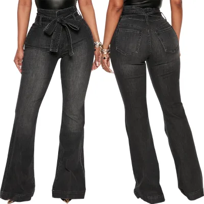 OEM Custom Elasticity Belt Plus Size Denim Pants High Quality Flared Wide Leg Women's Jeans