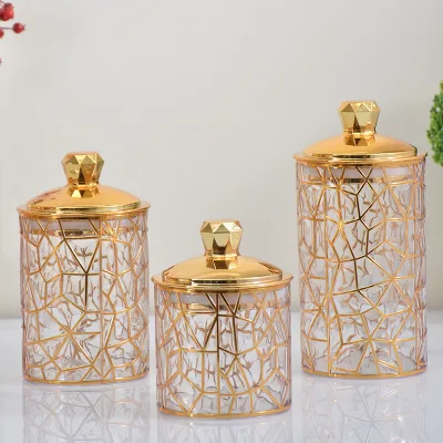 Low MOQ Wholesale Arabia Gold Storage Jar with Gold Lid Arabic Pattern Canister for Restaurant Hotel