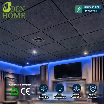 Modern Black Mineral Fiber Ceiling Sound Absorbing Fireproof Anti-sag Suspended Panel for Office Building and Home Interior