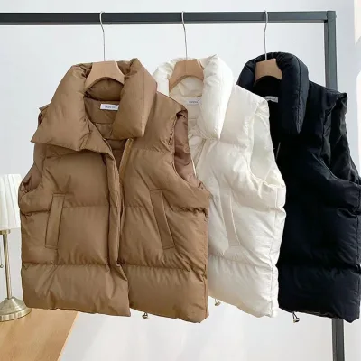 2025 Women's Cotton Vest Autumn Winter Stand Collar Outerwear Trendy Korean Style Small Fragrance Sleeveless Solid Knitted
