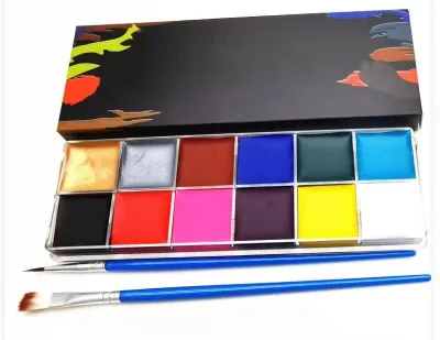 12 Colors Cake Face Paint Vegan Oil Based Neon Makeup Face Painting With Blue Brushes