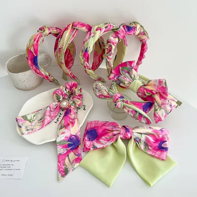 2023 Ins Hot Selling Floral Print Plastic Headband Large Color Contrast Bow Hair Barrettes for Women