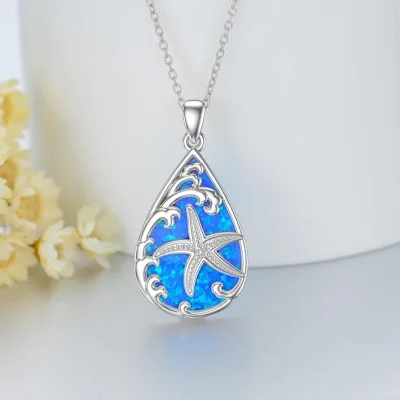 Beach Ocean Style Starfish Alloy Necklace Silver Color Ocean Wave Glass Blue Opal Jewelry Vacation Party All-match Pendants