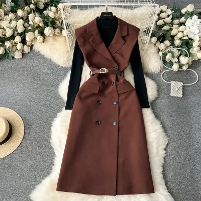 LE4370 Royal Sister Wear Two-Piece Set of Women'S Knitted Base Shirt With Retro Double-Breasted Suit Dress Two-Piece