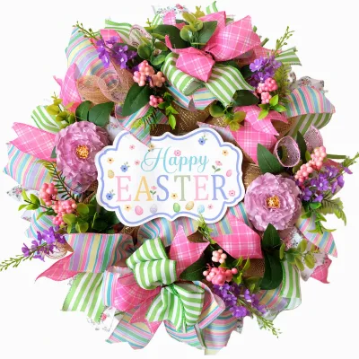 Happy EASTER Wreath Wooden Sign Ribbon Bows Peony Flowers Deco Mesh Spring Door Hanging Decor 45cm 55cm