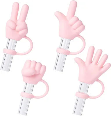 Rock Paper Scissors Game Straw Cover Cap, 10mm Reusable Cute Pink Drinking Straw Topper Decorations Gifts for Party Favors
