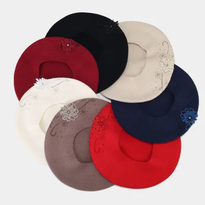 Autumn Winter Vintage Embroidered Wool Berets for Women Girls Custom Logo Handmade Casual Drill Flower Buds Painter Hat Parties