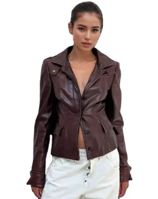 Customized Retro Fashion Standing Lapel Tie Button Pocket Long Sleeve Short Slim Women's Biker Jacket Coat