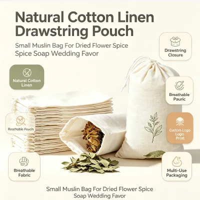 Wholesale Natural Cotton Linen Drawstring Bag Custom Logo Small Muslin Pouch for Dried Flower Spice Soap Packaging