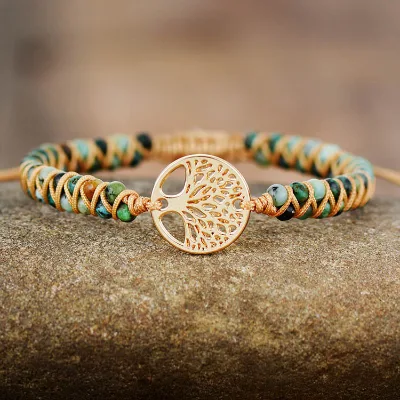 Hand-Woven African Pine Natural Stone Beaded Bracelet Tree of Life Design for Yoga Friendship Lover Fashion Chain Link Bracelets