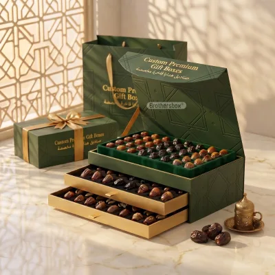 Premium Gold Foil Stamping Ramadan Kareem Sweet Box Packaging Custom Printed Rigid Dates Gift Box Sets With Paper Bag