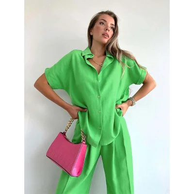 European Vintage Two Piece Set Women Streetwear 2 Piece Sets Cotton Linen O-Neck Tops and Straight Pants Outfits Sets