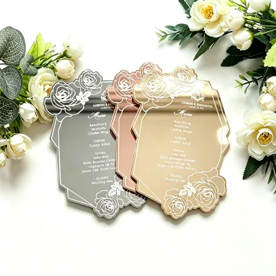 Custom Laser Cut Silver Gold Rose Gold Mirror Acrylic Wedding Menu Card for Table Decoration