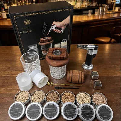 Bestseller European Style Cocktail Fumigator Ebony Wood Whiskey Barrel Gift Set Smoking Lid