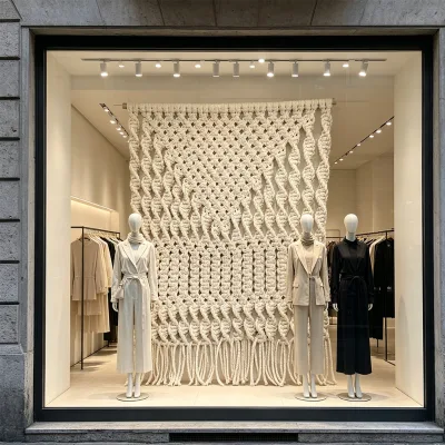 Large Scale Commercial Fiber Art Installation Cotton Macrame Chunky Yarn Wall Hanging for Clothing Store