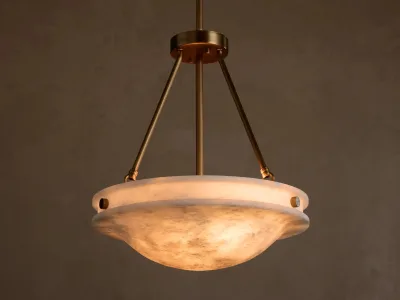 Natural Alabaster Bowl Pendant Light Aged Brass Frame Luxury Pendant Lamp for Entryway Dining Room
