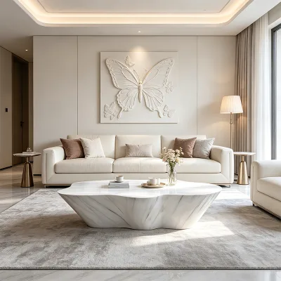 JINGYUE BJ372 Traditional Antique Resin Irregular Wavy Edge White Marble Grain Coffee Table Flared Concave Side Designer Living