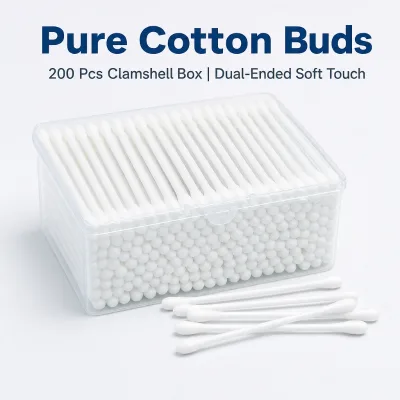 Eco Friendly Pure Cotton Swabs 200pcs Biodegradable Paper Stick Round Dual Head Soft Tips Hygienic Box Household Cleaning Buds