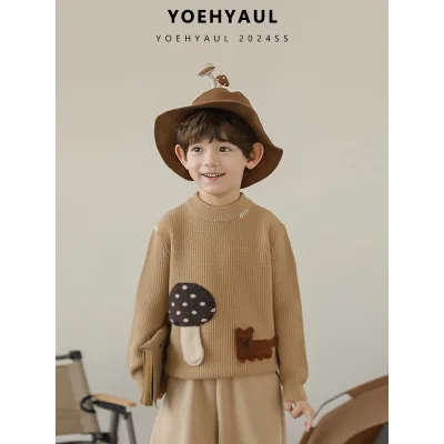 YOEHYAUL N4810 Children Long-Sleeved Crew-Neck Mushroom Sweater Soft Winter New Waffle Kids Knitted Sweater