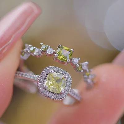 Exquisite Vintage Design Female Open Ring Set Full  Luxury with Olive Green Goose Yellow Zircon Fashionable for Women