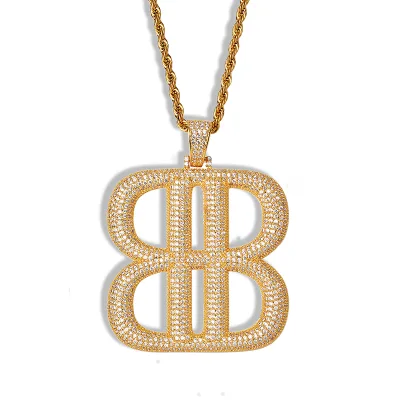 2021 New Hip Hop Men Big Size Iced Out Double B Diamond Pendant Designs Gold Jewelry