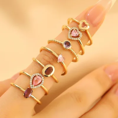 Hot Sale Fashion Rings Silver Gold Plated Iced Out Full Diamond Multi Color Cubic Zirconia Heart Rings for Women Valentine