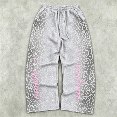 Leopard Printing Streetwear Heavyweight Stacked Flared Sweatpants Jogger Custom Logo French Terry Men Wide Leg Baggy Pants