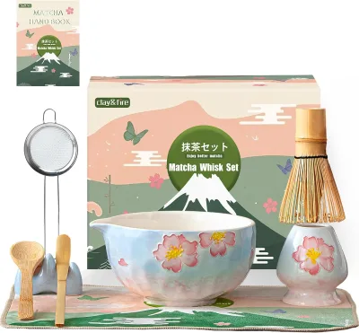 Modern 9-Piece Ceramic Matcha Whisk Set with 15 OZ 500ml Bowl Spout Eco-Friendly Gift for Matcha Lovers (Cherry)