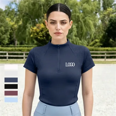 New Style Same Design for Girl and Women Equestrian Short Sleeve Top Premium Quality Punching Design Horse Apparel with Zipper