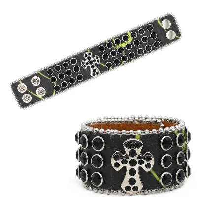 Punk Newss Euromenn Aalloyerican Style Fashion Cross Wrap Stainless Steel Punk Studded Bracelets with Crystal Rhinestone Unisex
