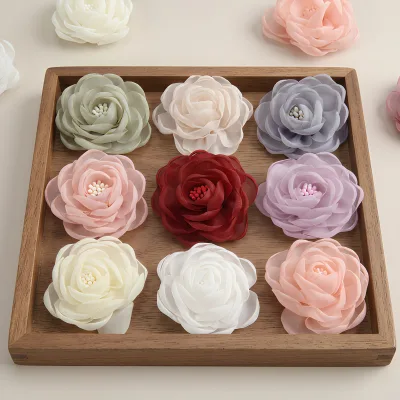 Mesh Organza Camellia Flower Appliques 3D Fabric Rose Patches with Stamen for DIY Hair Clips Brooches Garment Hat Accessories