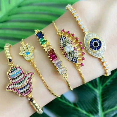 Boutique Jewellery Hot Sale Adjust Gold Chain Colorful Cubic Zircon CZ Stone Hamsa Hand Eye Pendant Bracelet