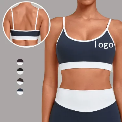 Narrow Strap Padded Yoga Bra Removable Pads Contrast Binding Fitness Bra Color Blocking U-Neck Yoga Sports Bra