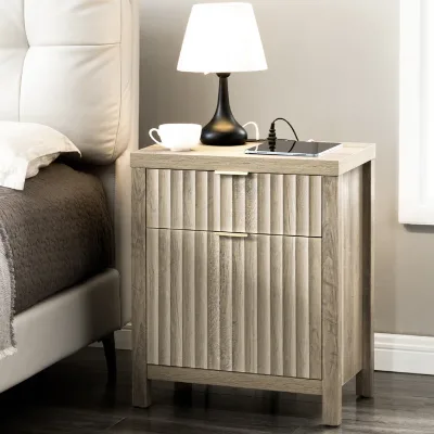 Wholesale Natural Flow Futed Design Two Drawers Modern Bedside Table Wood with Power Point