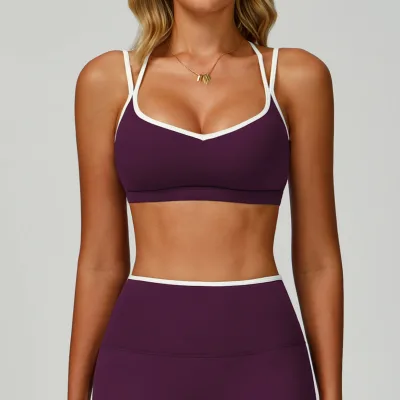 Women Contour Seam Sports Bra Color Contrast Backless Gym Training Athleisure Top 9238